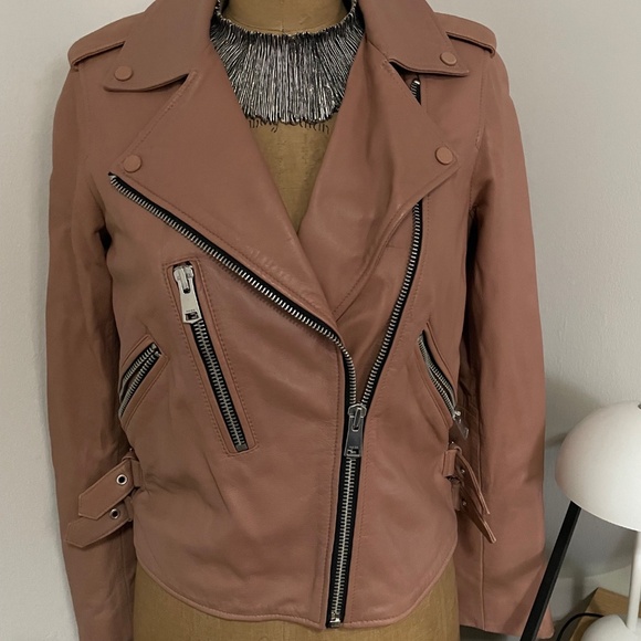 REISS Leather Jacket Moto Neutral Pink Color Small orig $650 - Picture 1 of 5